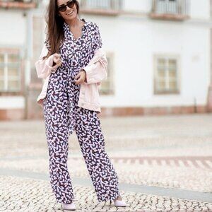H&M x‎ Anna Glover Floral Lightweight Viscose Dolman Sleeve Jumpsuit Tie Waist
